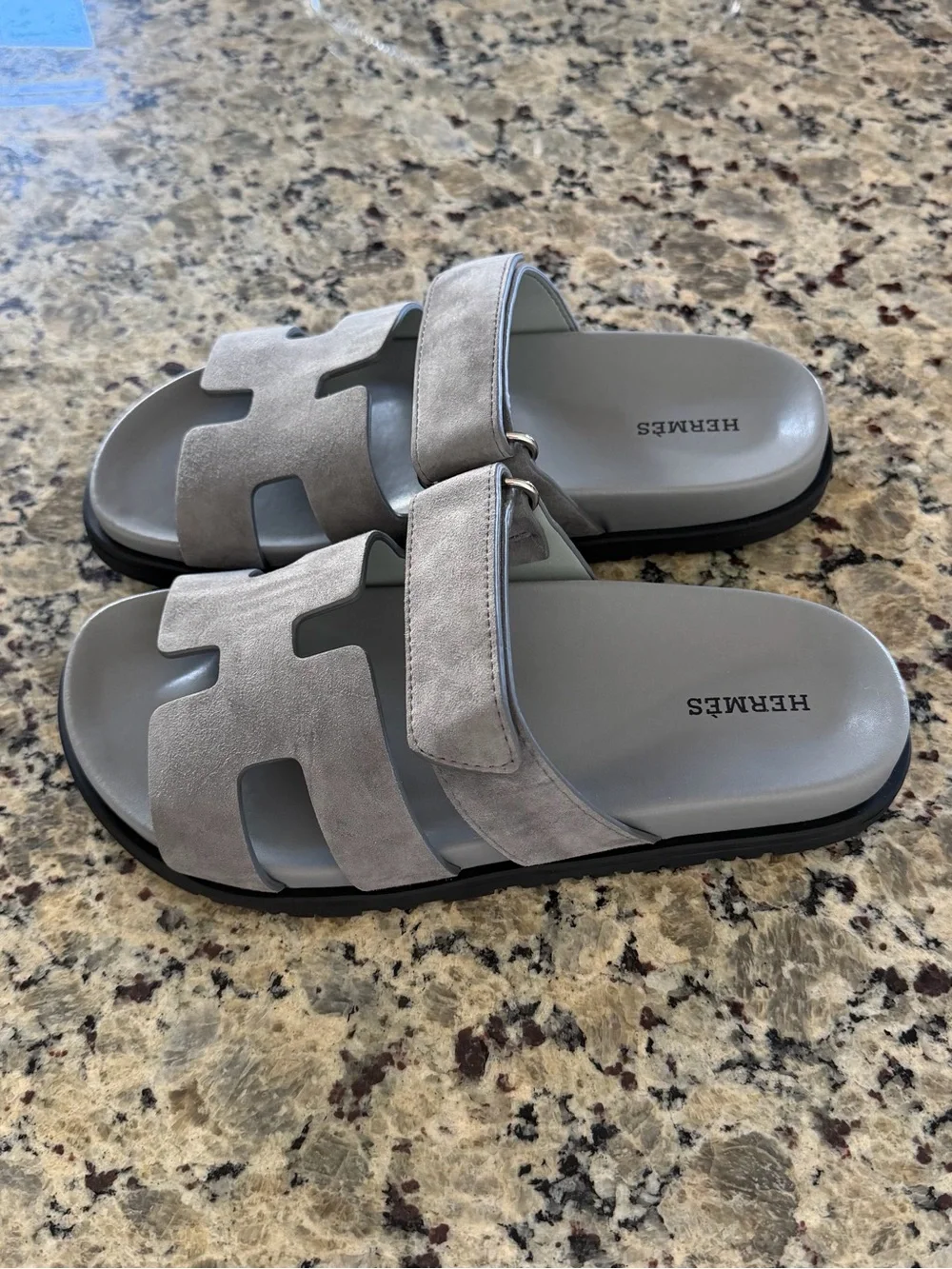 Hermes Grey Suede H-Logo Slide Sandals